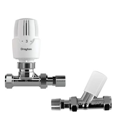 Drayton RT414 15mm White / Chrome Straight Auto-Balancing TRV & Lockshield Valve Pack