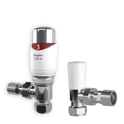 Drayton TRV4 Classic 15mm White / Chrome Angled TRV & Lockshield Valve Pack
