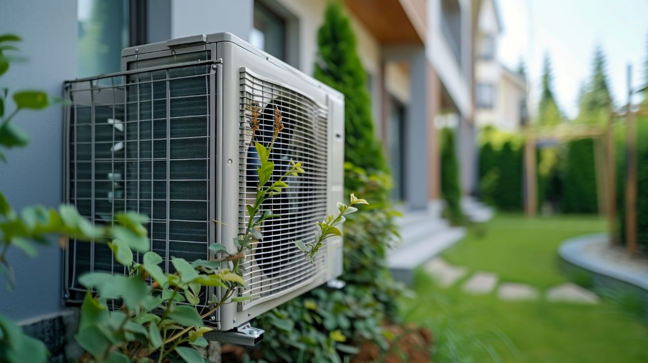 Heat pump located outside a house surrounded by plants